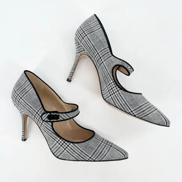 Manolo Blahnik Campari Houndstooth Wool Black Trim Mary Jane Heels Pumps IT 37.5 - Picture 3 of 11